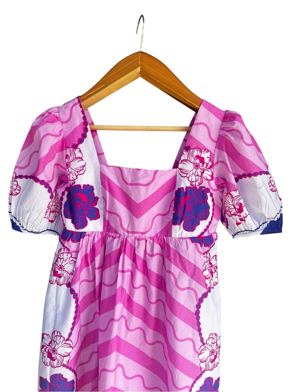 Celina Moon Pink Chevron Floral Border Mini Dress Puff Sleeve Square Neck S NWT - Picture 3 of 12